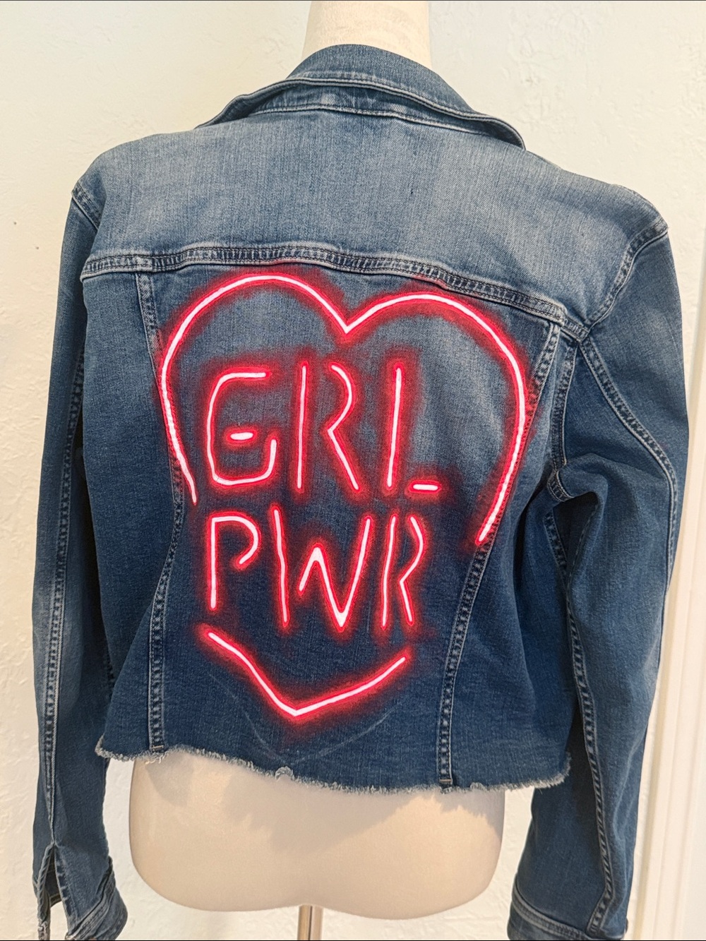 Calvin Klein Denim Jacket with Red 'GRL PWR' Neon Heart Hand Painted size Large